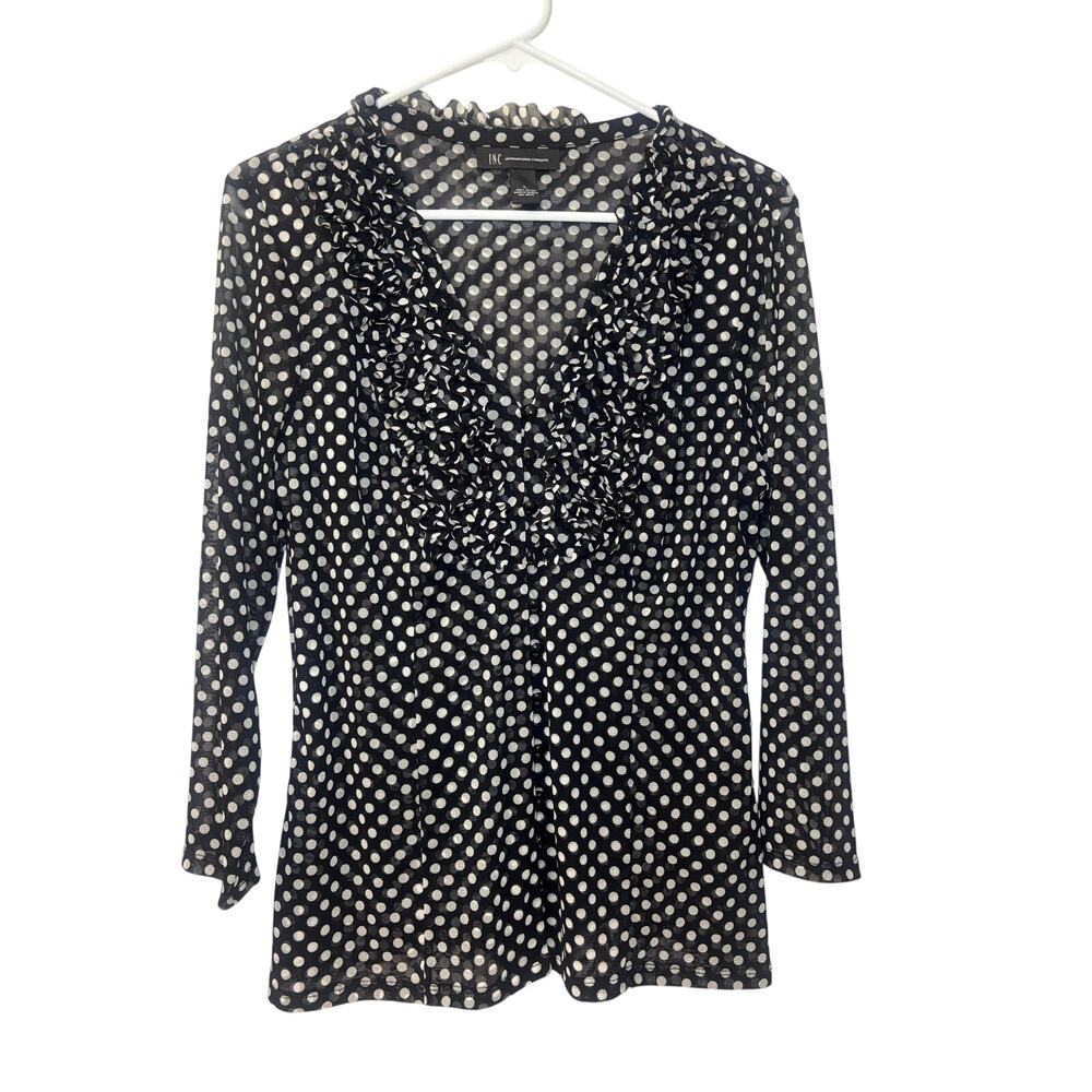 INC International Concepts Black & White Polka Dot Ruffled V-Neck Top Size L NWT